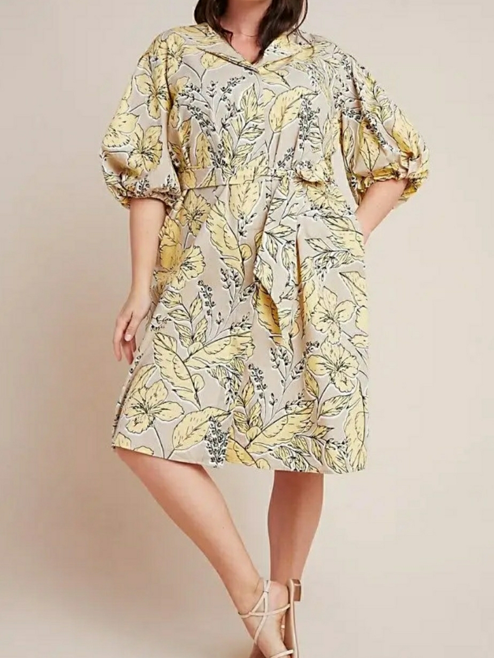 Anthropologie Josephine Yellow Floral Puff-Sleeve Midi Dress 2XL